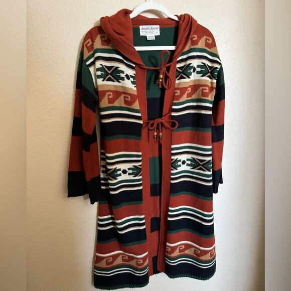 Vintage Aztec Southwestern Hooded Knit Cardigan Sz S Striped Orange Tie Front - Picture 3 of 7
